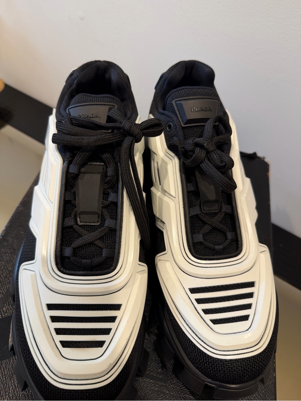Prada  Cloudbust. Mens 9.5 Black and White Chunky Leather & Mesh Sneakers - Picture 2 of 5